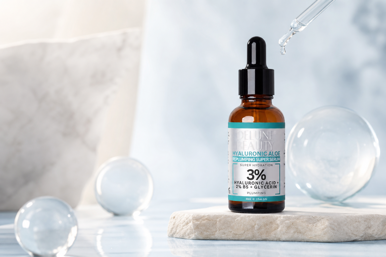 Delune Hyaluronic Aloe serum in a mineral-blue hydration still life